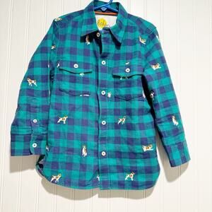 Boden Plaid Flannel Dog Button Up Shirt Boys 5/6